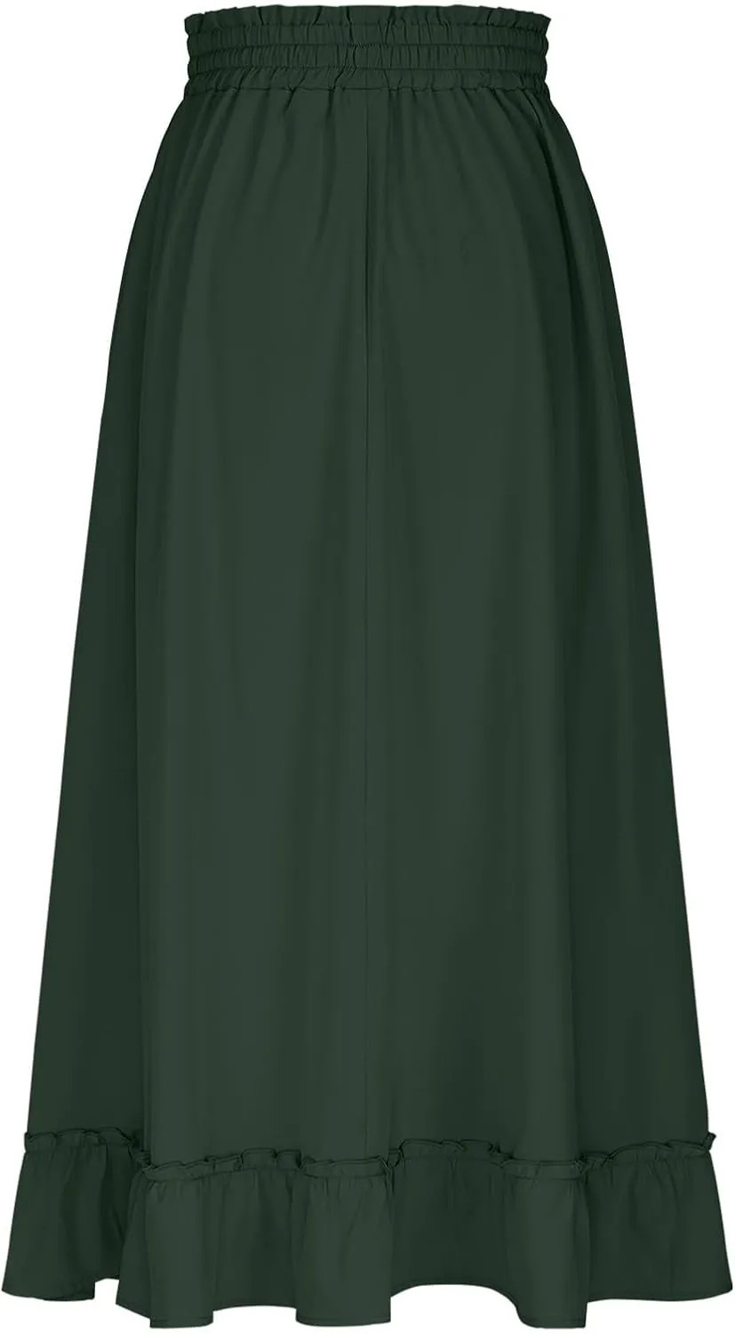 Womens Maxi Skirt Summer Trendy Drawstring Elastic High Waisted Casual Beach Flowy Swing Long Skirts with Pockets