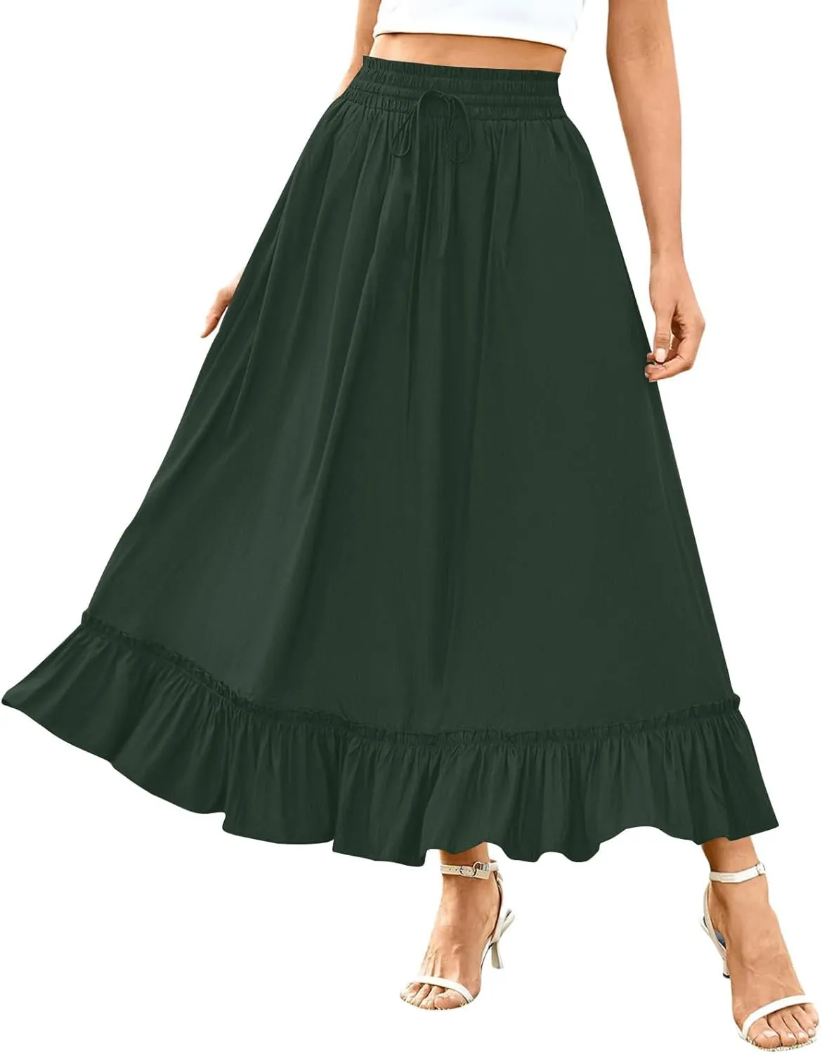 Womens Maxi Skirt Summer Trendy Drawstring Elastic High Waisted Casual Beach Flowy Swing Long Skirts with Pockets