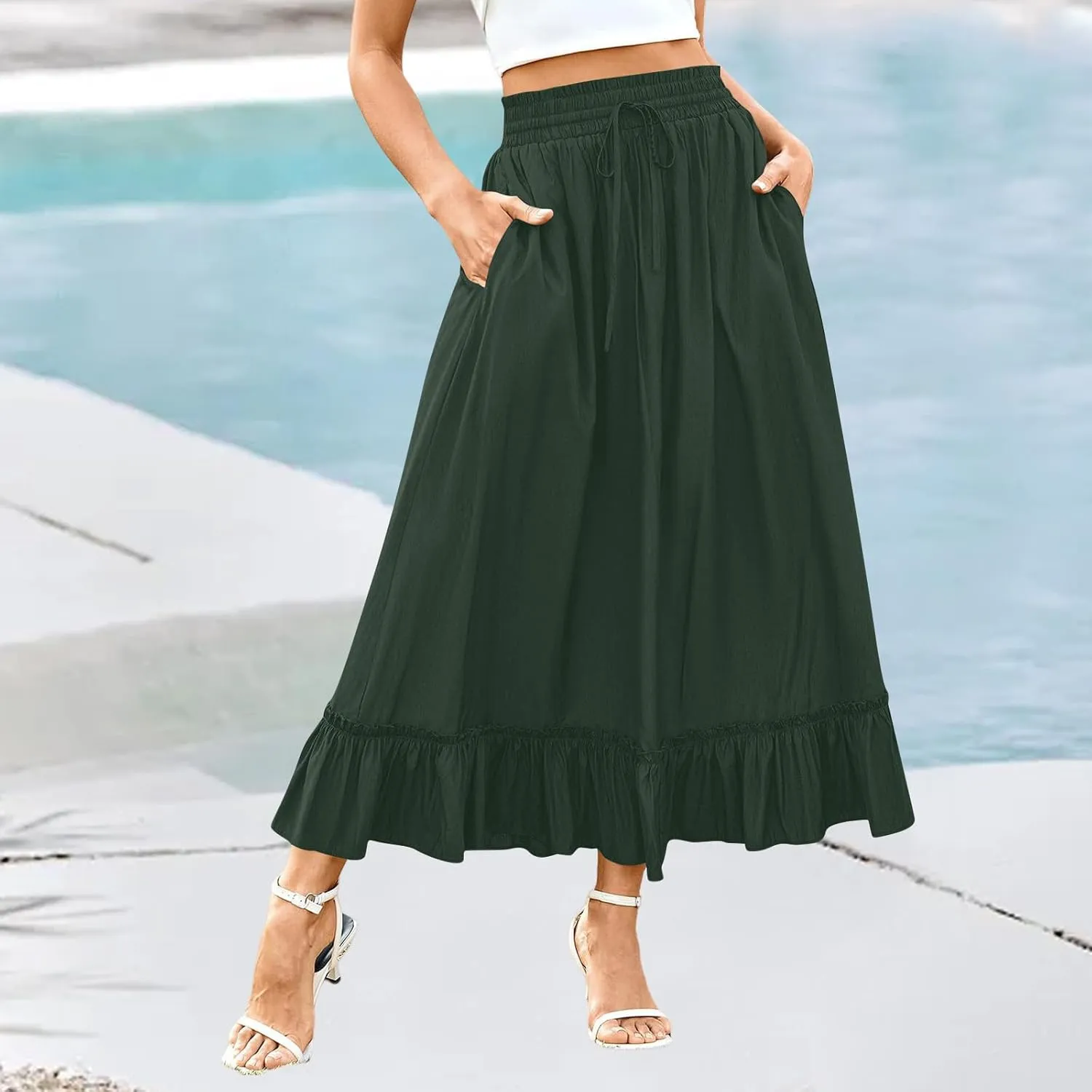Womens Maxi Skirt Summer Trendy Drawstring Elastic High Waisted Casual Beach Flowy Swing Long Skirts with Pockets