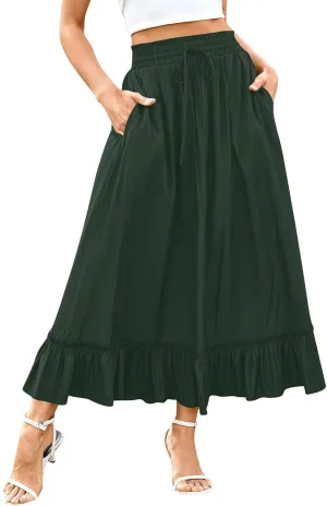 Womens Maxi Skirt Summer Trendy Drawstring Elastic High Waisted Casual Beach Flowy Swing Long Skirts with Pockets