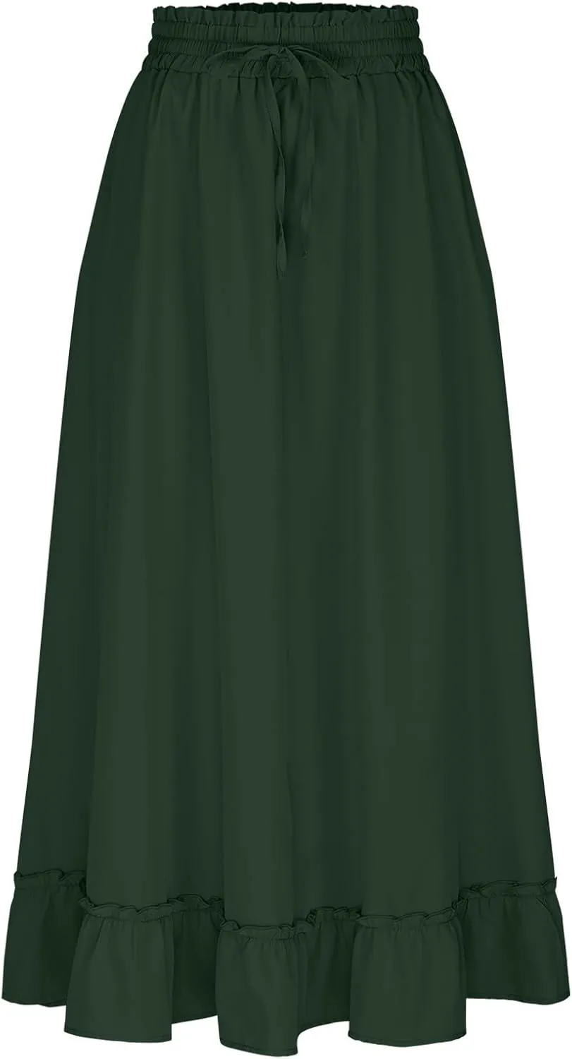 Womens Maxi Skirt Summer Trendy Drawstring Elastic High Waisted Casual Beach Flowy Swing Long Skirts with Pockets