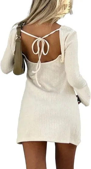 Womens Mini Dress Knit Crew Neck Flare Long Sleeve Tie Back Dress Casual Elegant Dress for Women Solid Backless Dress