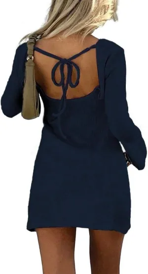 Womens Mini Dress Knit Crew Neck Flare Long Sleeve Tie Back Dress Casual Elegant Dress for Women Solid Backless Dress