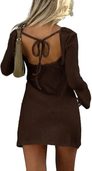 Womens Mini Dress Knit Crew Neck Flare Long Sleeve Tie Back Dress Casual Elegant Dress for Women Solid Backless Dress