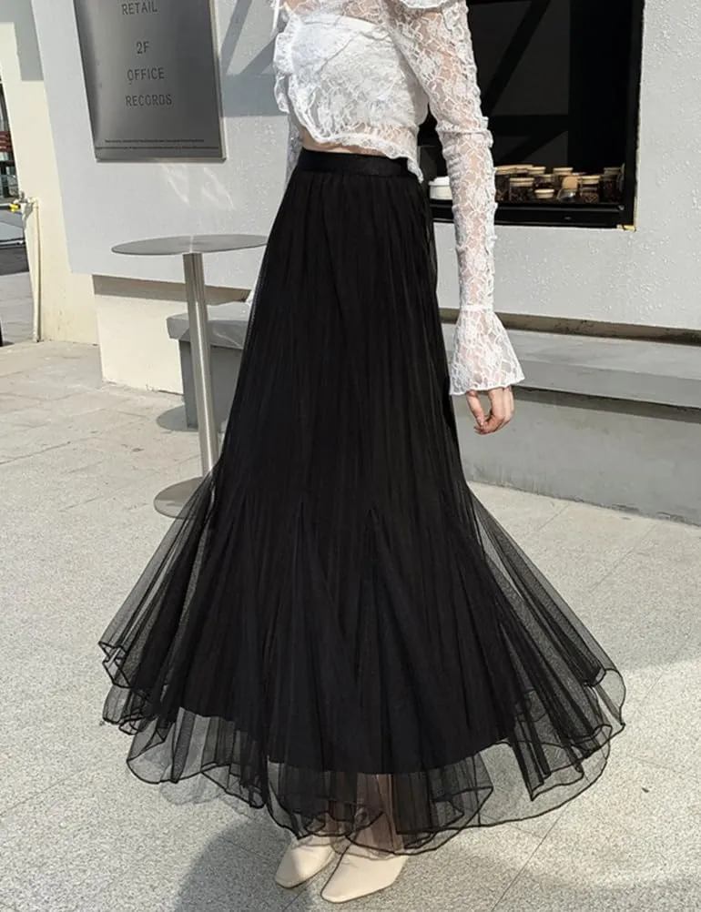 Womens Pleated Tulle Fishtail Skirt High Waisted Trendy Layered Mesh Fairy Midi Skirt