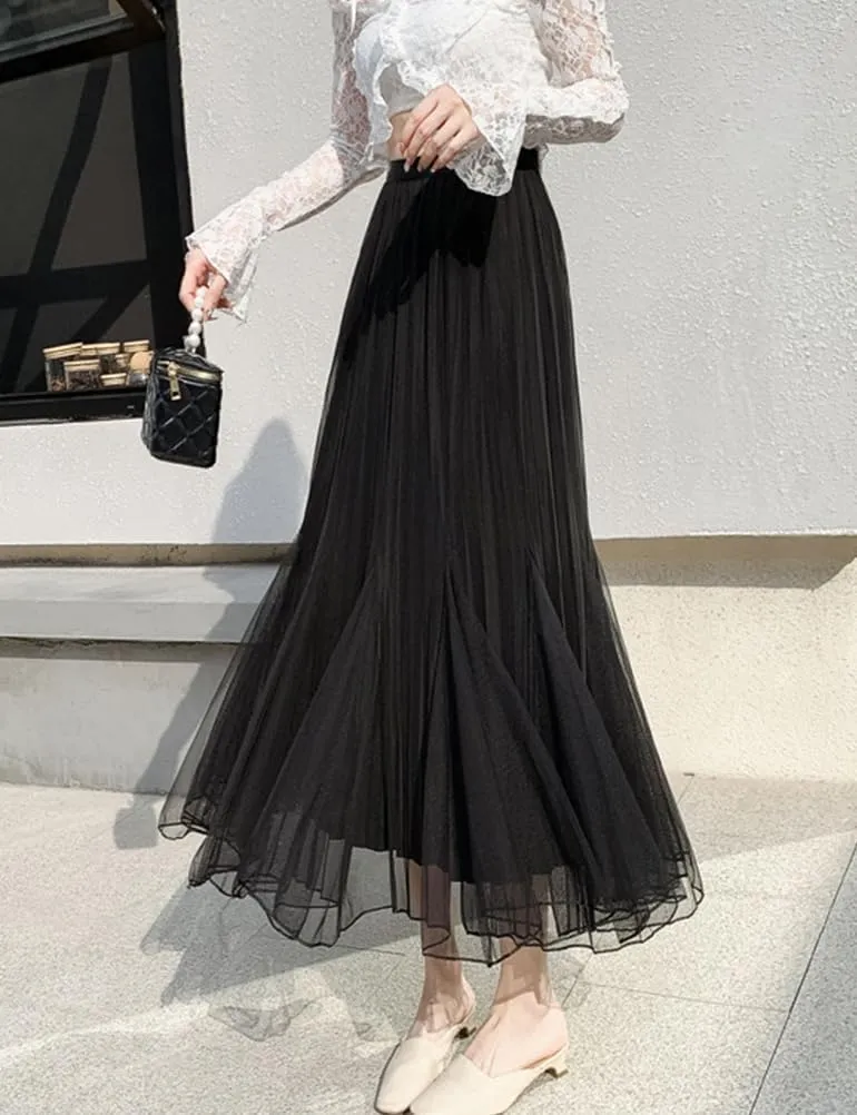Womens Pleated Tulle Fishtail Skirt High Waisted Trendy Layered Mesh Fairy Midi Skirt