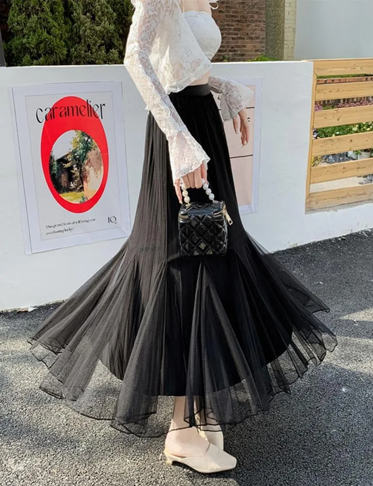Womens Pleated Tulle Fishtail Skirt High Waisted Trendy Layered Mesh Fairy Midi Skirt
