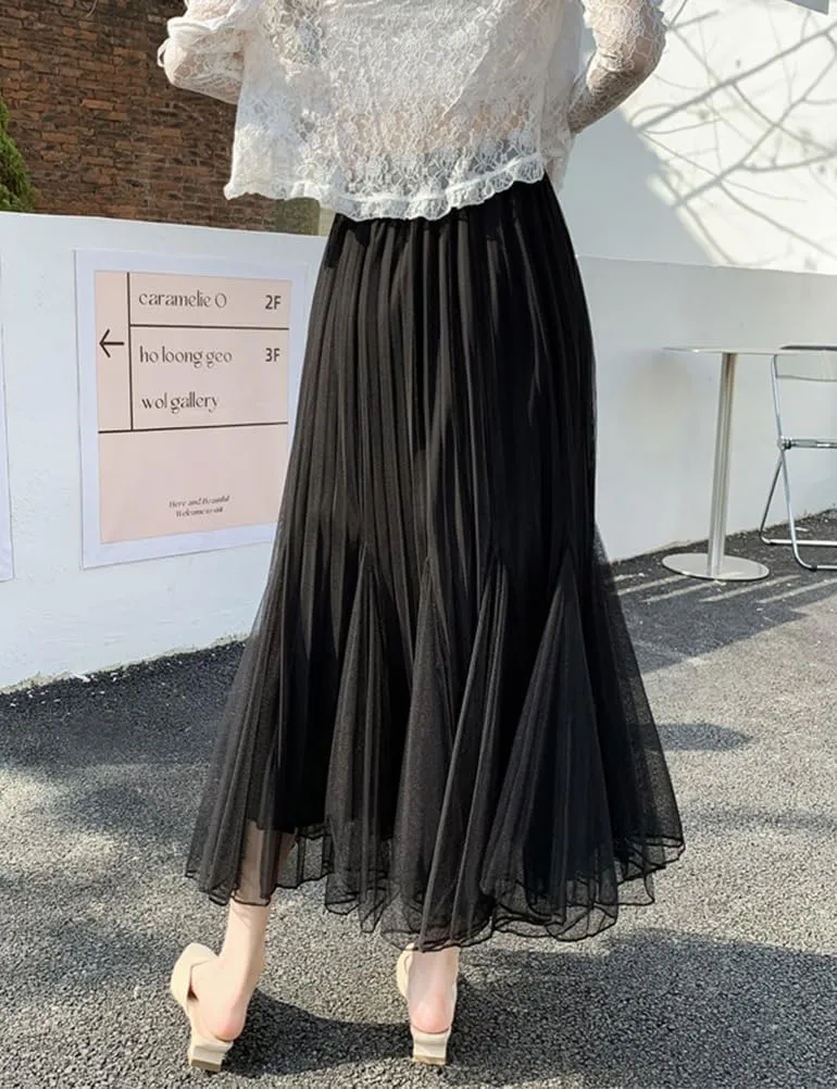 Womens Pleated Tulle Fishtail Skirt High Waisted Trendy Layered Mesh Fairy Midi Skirt