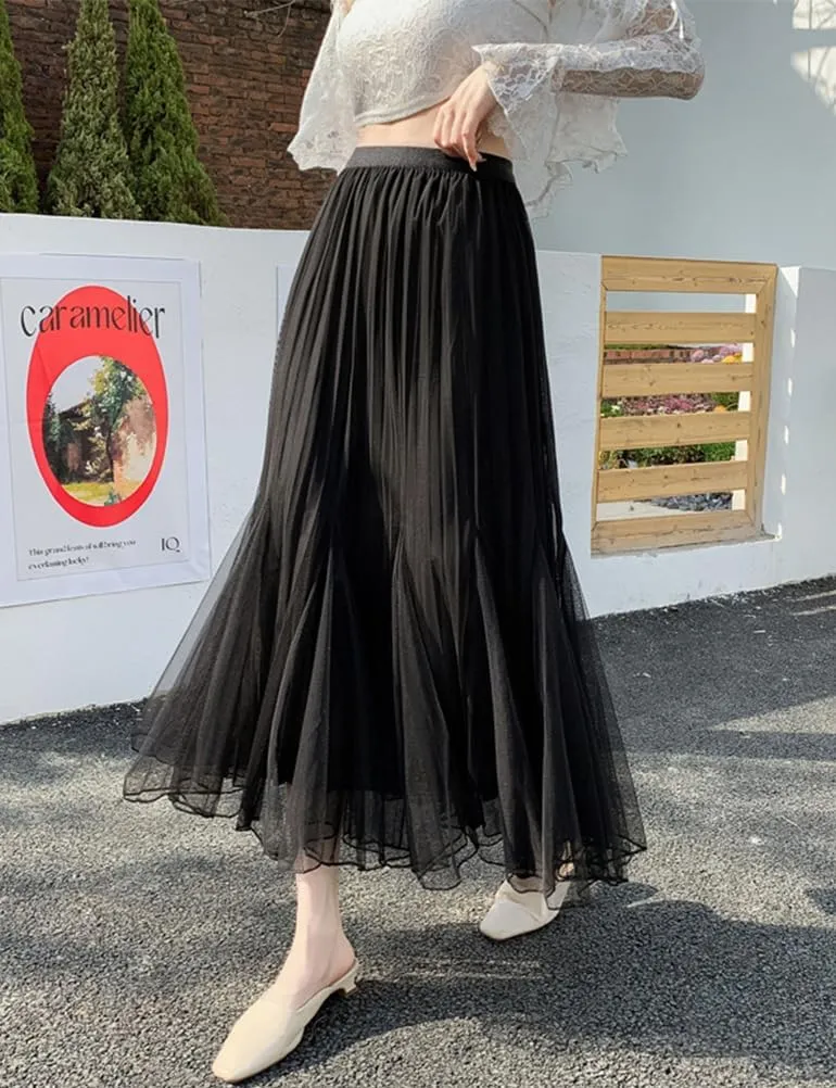 Womens Pleated Tulle Fishtail Skirt High Waisted Trendy Layered Mesh Fairy Midi Skirt