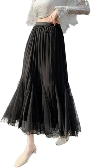 Womens Pleated Tulle Fishtail Skirt High Waisted Trendy Layered Mesh Fairy Midi Skirt