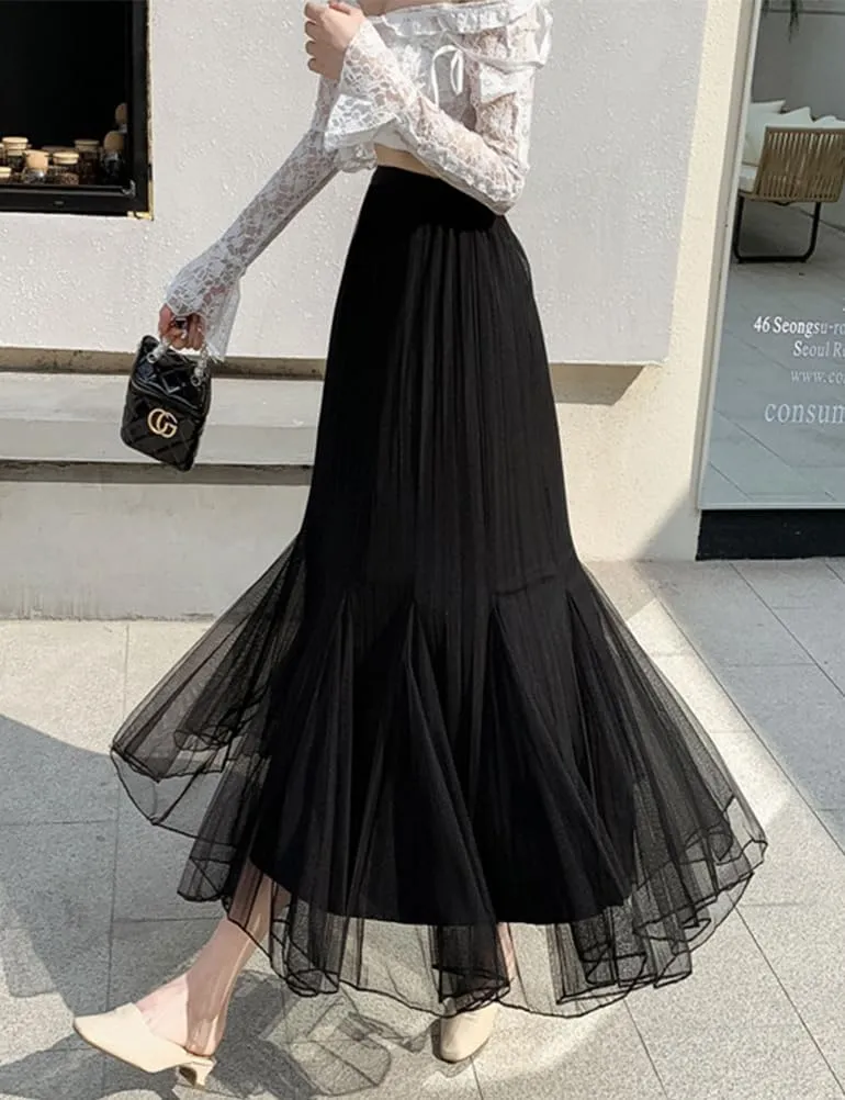 Womens Pleated Tulle Fishtail Skirt High Waisted Trendy Layered Mesh Fairy Midi Skirt