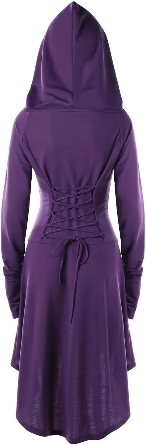 Womens Renaissance Costumes Hooded Robe Lace Up Vintage Pullover High Low Long Hoodie Dress