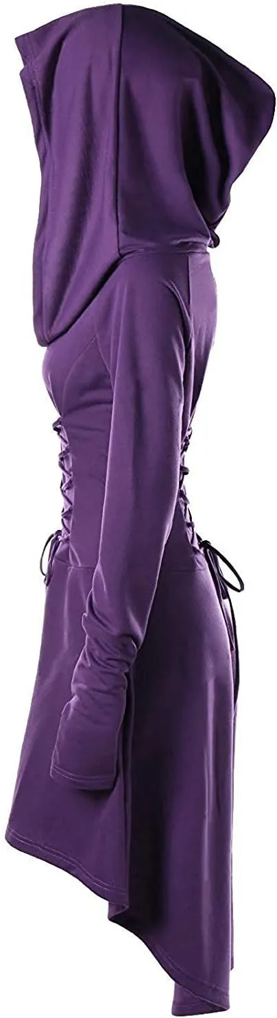 Womens Renaissance Costumes Hooded Robe Lace Up Vintage Pullover High Low Long Hoodie Dress