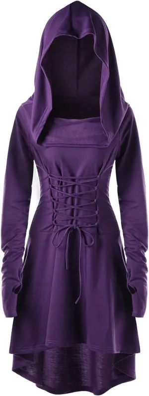Womens Renaissance Costumes Hooded Robe Lace Up Vintage Pullover High Low Long Hoodie Dress