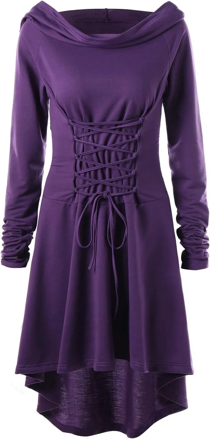 Womens Renaissance Costumes Hooded Robe Lace Up Vintage Pullover High Low Long Hoodie Dress