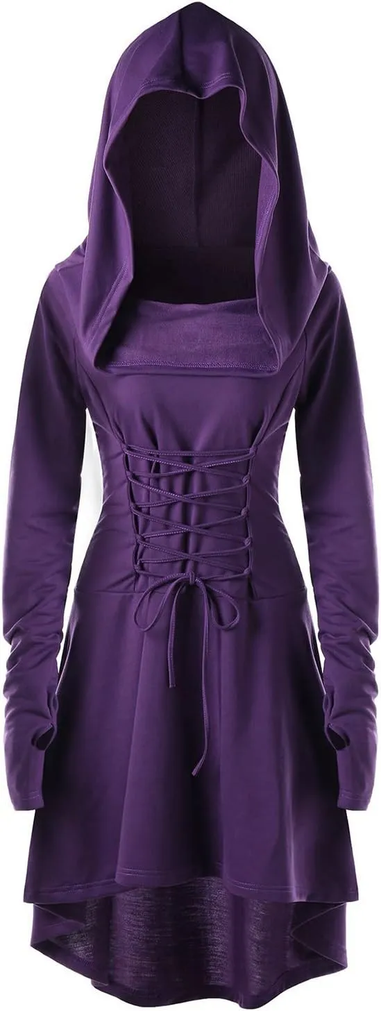 Womens Renaissance Costumes Hooded Robe Lace Up Vintage Pullover High Low Long Hoodie Dress