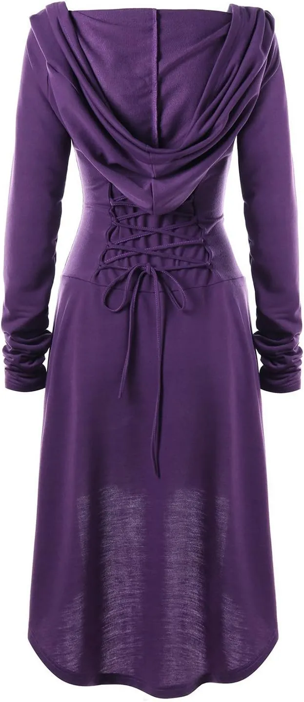 Womens Renaissance Costumes Hooded Robe Lace Up Vintage Pullover High Low Long Hoodie Dress