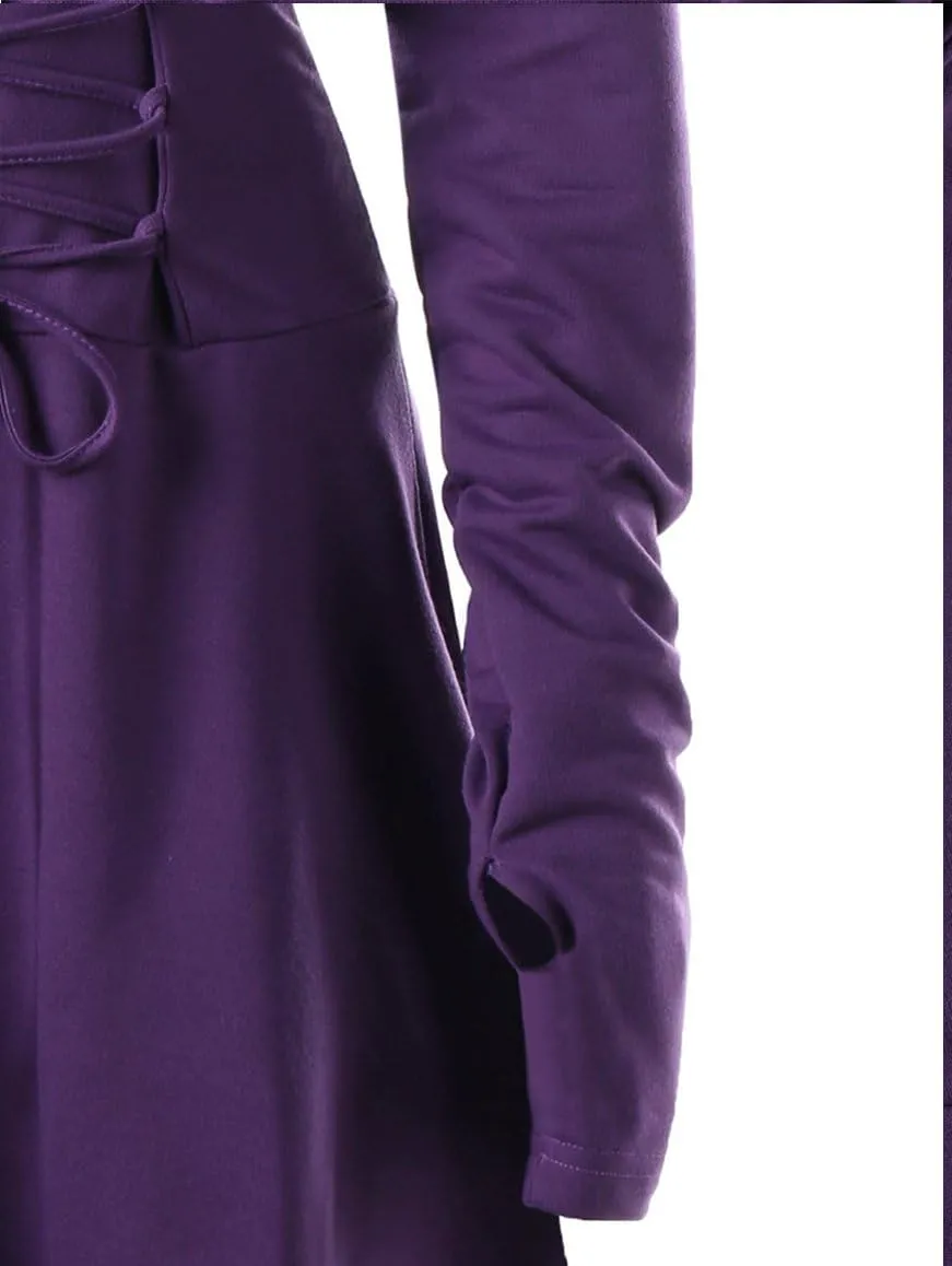 Womens Renaissance Costumes Hooded Robe Lace Up Vintage Pullover High Low Long Hoodie Dress