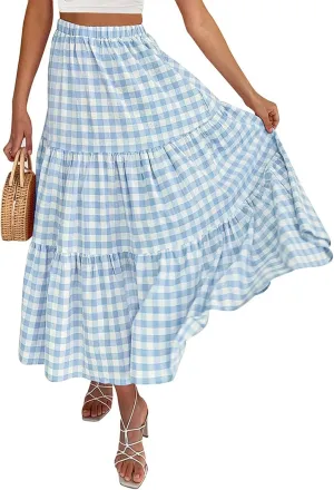 Womens Summer Boho Elastic High Waist Maxi Skirt Pleated A-Line Flowy Swing Ruffle Tiered Long Beach Skirt Dress
