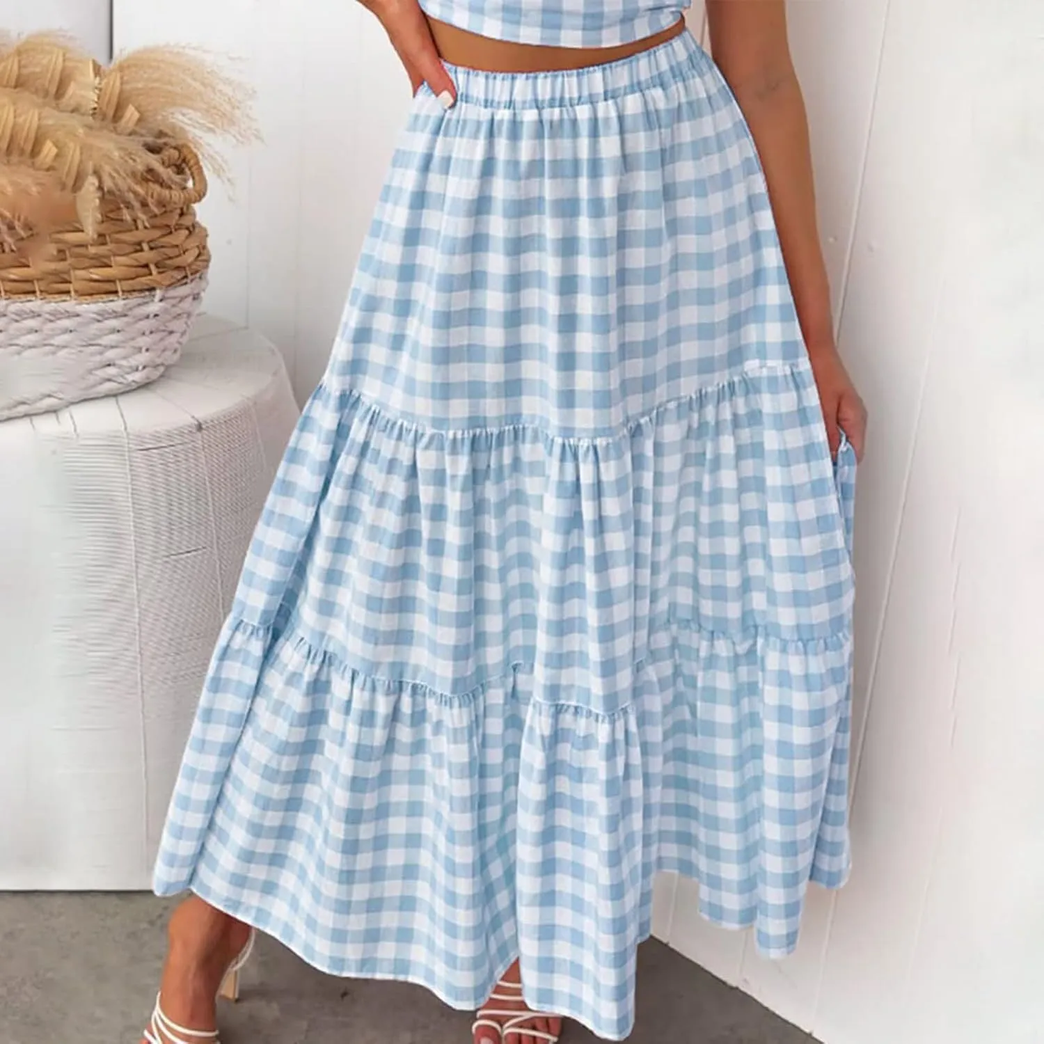 Womens Summer Boho Elastic High Waist Maxi Skirt Pleated A-Line Flowy Swing Ruffle Tiered Long Beach Skirt Dress