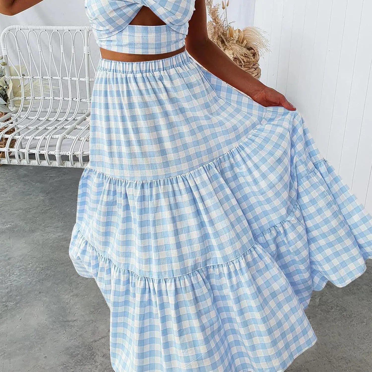 Womens Summer Boho Elastic High Waist Maxi Skirt Pleated A-Line Flowy Swing Ruffle Tiered Long Beach Skirt Dress