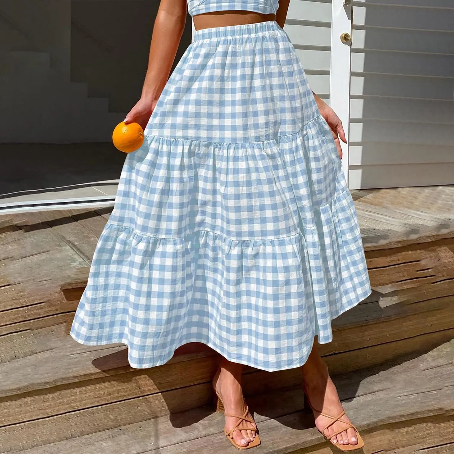 Womens Summer Boho Elastic High Waist Maxi Skirt Pleated A-Line Flowy Swing Ruffle Tiered Long Beach Skirt Dress