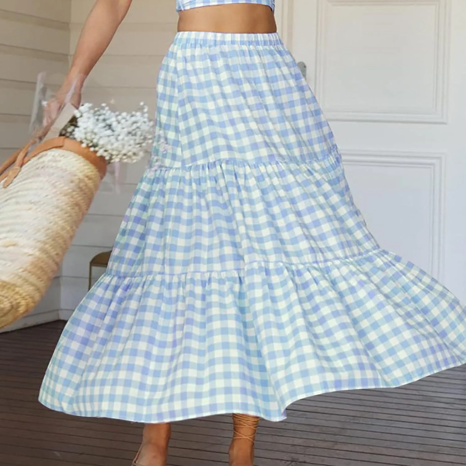 Womens Summer Boho Elastic High Waist Maxi Skirt Pleated A-Line Flowy Swing Ruffle Tiered Long Beach Skirt Dress