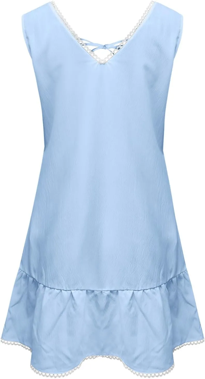 Women's Summer Lace Up Sleeveless Dress Casual Loose V Neck Sundress Pleated Flowy Beach Vacation Mini Short Dresses