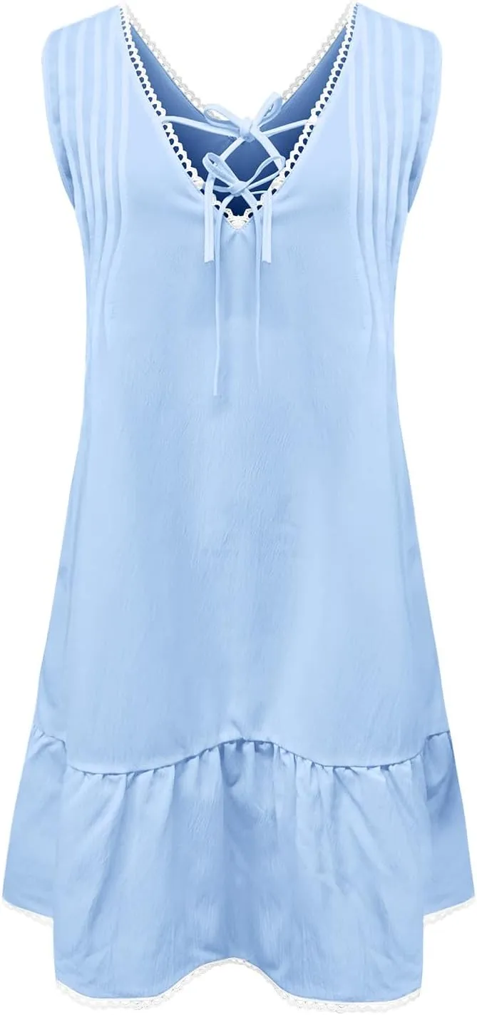 Women's Summer Lace Up Sleeveless Dress Casual Loose V Neck Sundress Pleated Flowy Beach Vacation Mini Short Dresses