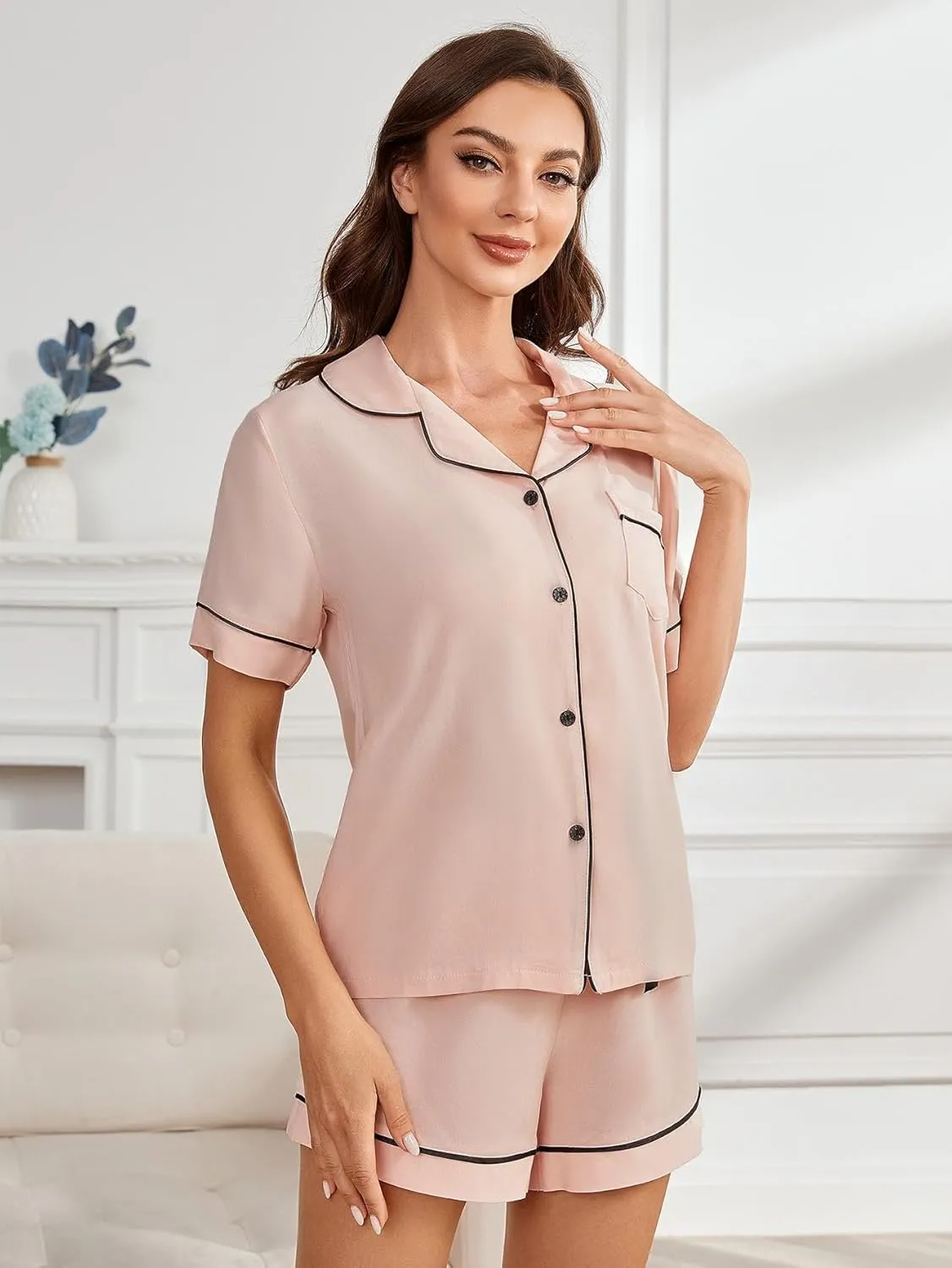 Womens Summer Lounge Set 2 Piece Outfits Button V Neck Short Sleeve Pants Loungewear Pajamas Sets