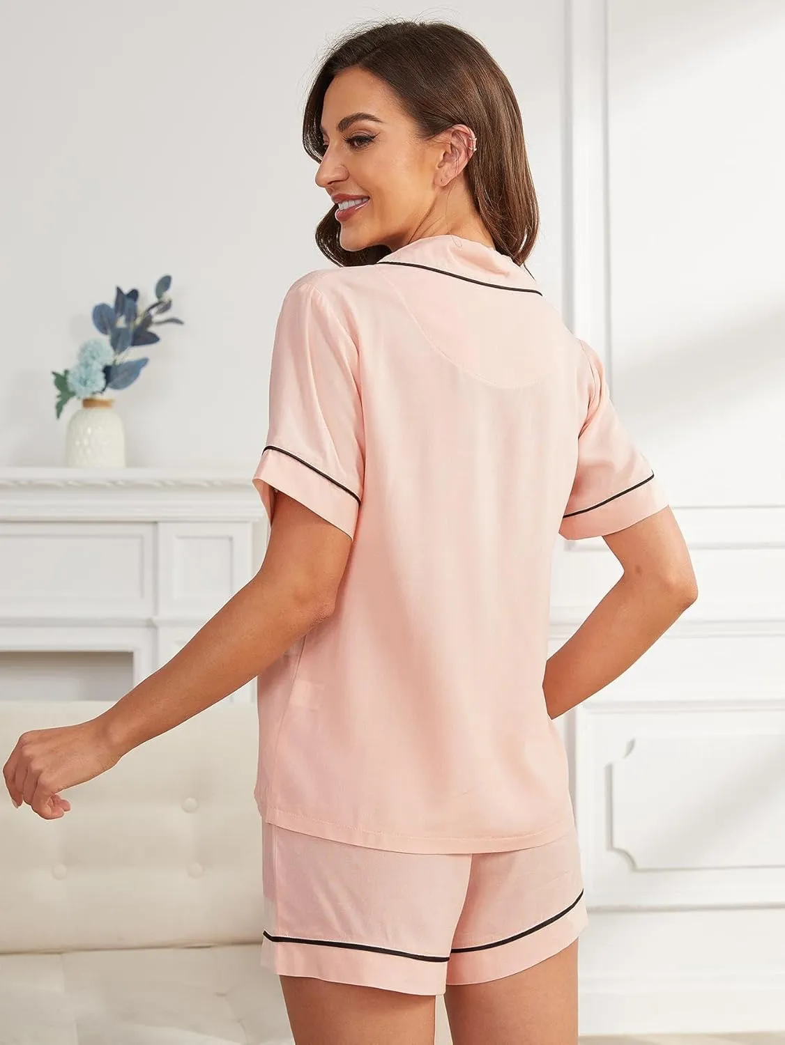 Womens Summer Lounge Set 2 Piece Outfits Button V Neck Short Sleeve Pants Loungewear Pajamas Sets