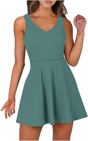 Womens Tennis Dress with Built in Shorts Backless V Neck Stretch Mini Skirt Sleeveless Golf Pocket Athletic Dresses
