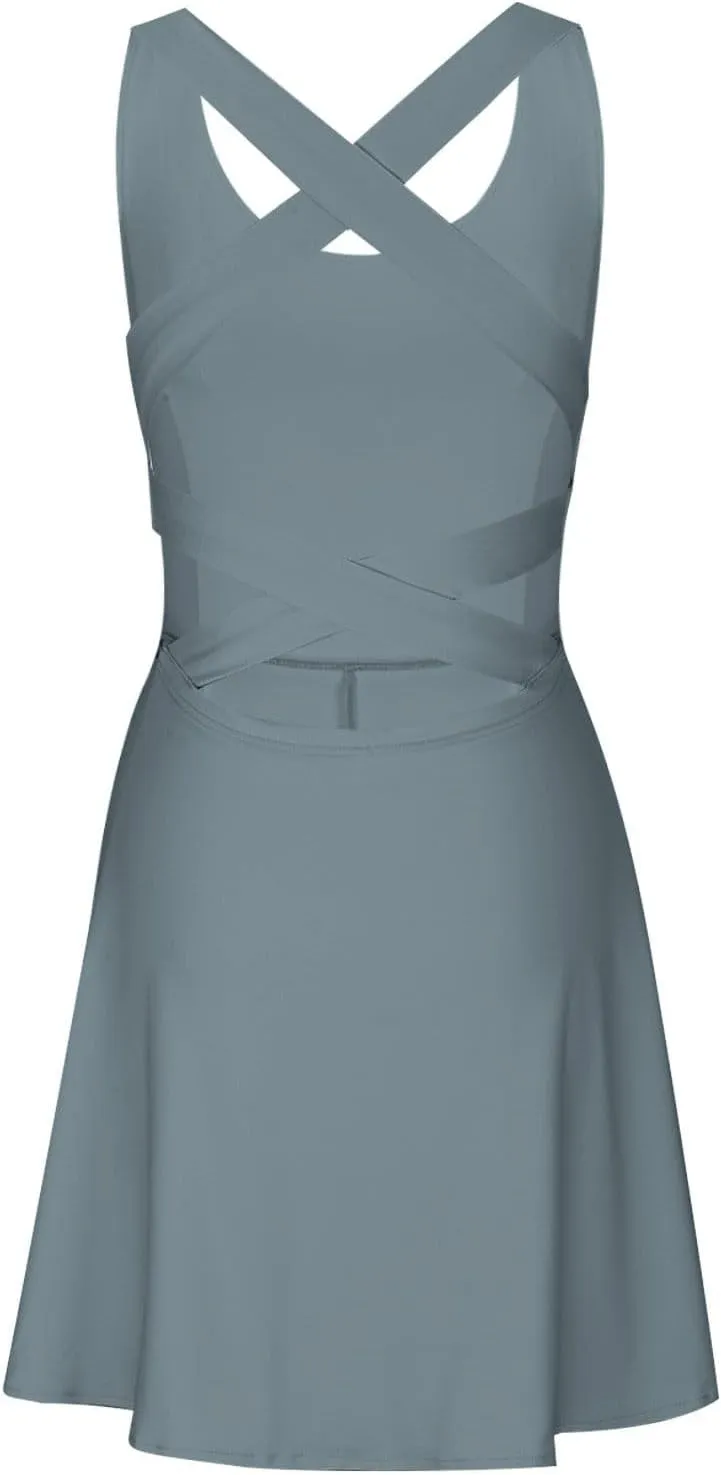 Womens Tennis Dress with Built in Shorts Backless V Neck Stretch Mini Skirt Sleeveless Golf Pocket Athletic Dresses