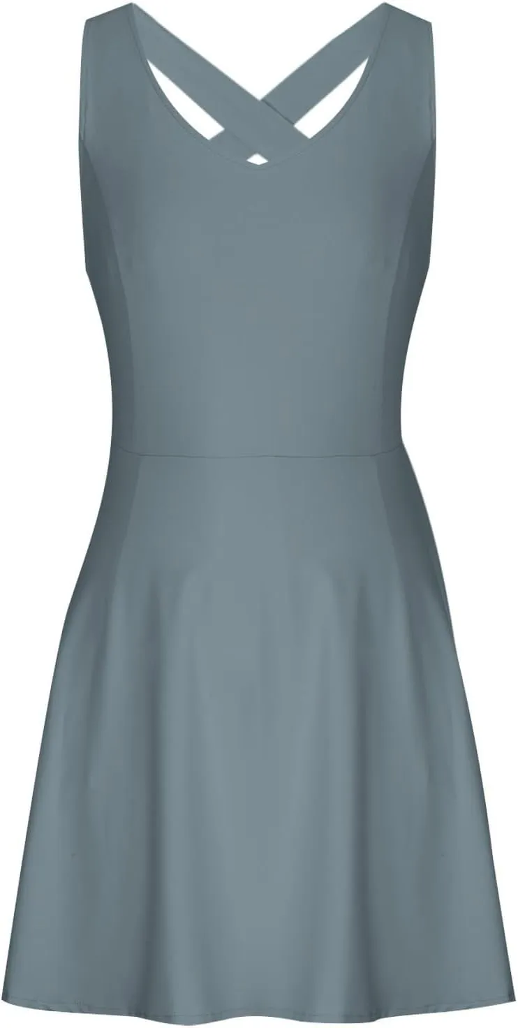 Womens Tennis Dress with Built in Shorts Backless V Neck Stretch Mini Skirt Sleeveless Golf Pocket Athletic Dresses