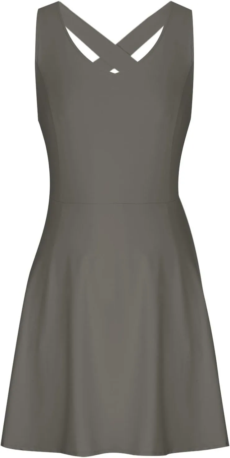 Womens Tennis Dress with Built in Shorts Backless V Neck Stretch Mini Skirt Sleeveless Golf Pocket Athletic Dresses