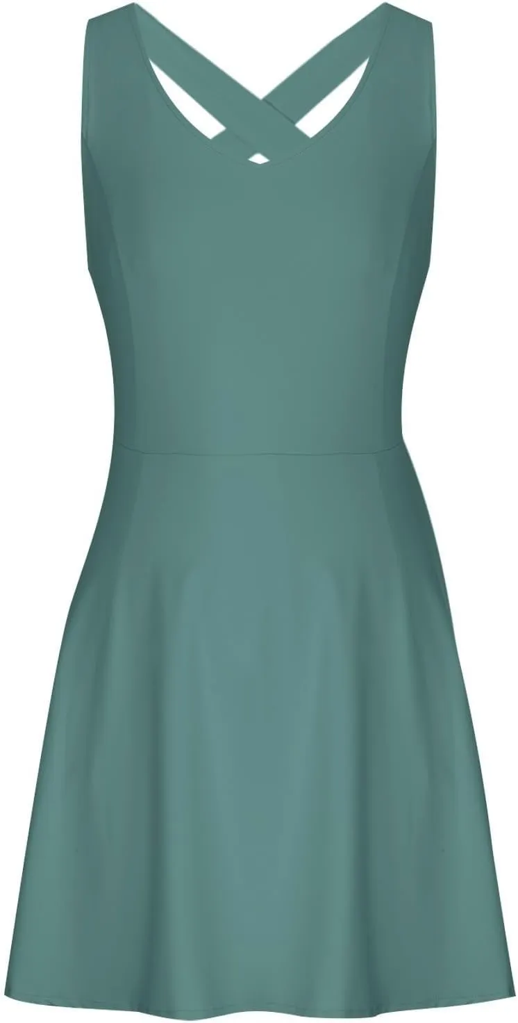 Womens Tennis Dress with Built in Shorts Backless V Neck Stretch Mini Skirt Sleeveless Golf Pocket Athletic Dresses