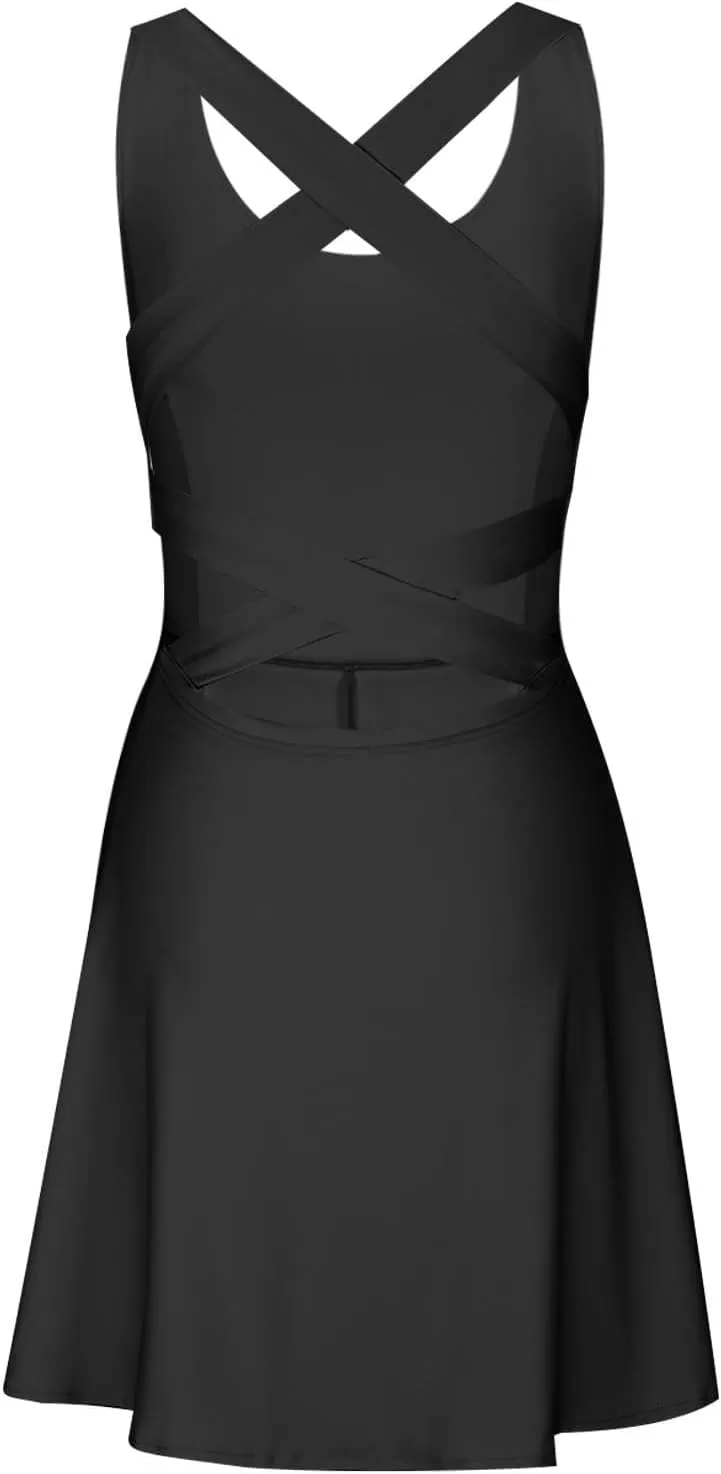 Womens Tennis Dress with Built in Shorts Backless V Neck Stretch Mini Skirt Sleeveless Golf Pocket Athletic Dresses