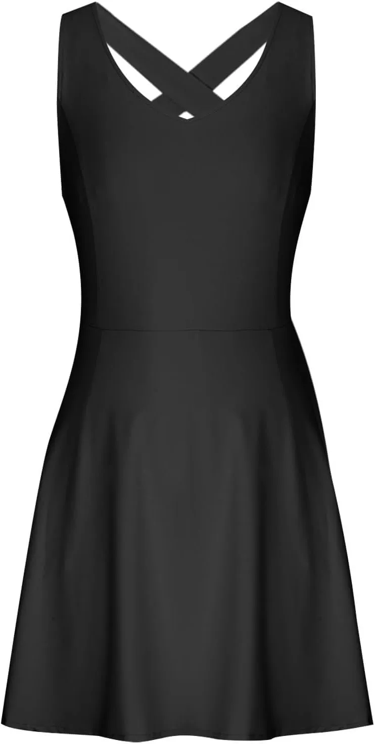 Womens Tennis Dress with Built in Shorts Backless V Neck Stretch Mini Skirt Sleeveless Golf Pocket Athletic Dresses