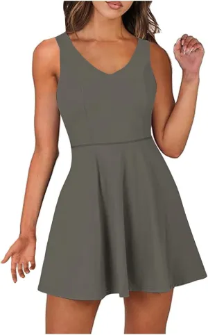 Womens Tennis Dress with Built in Shorts Backless V Neck Stretch Mini Skirt Sleeveless Golf Pocket Athletic Dresses