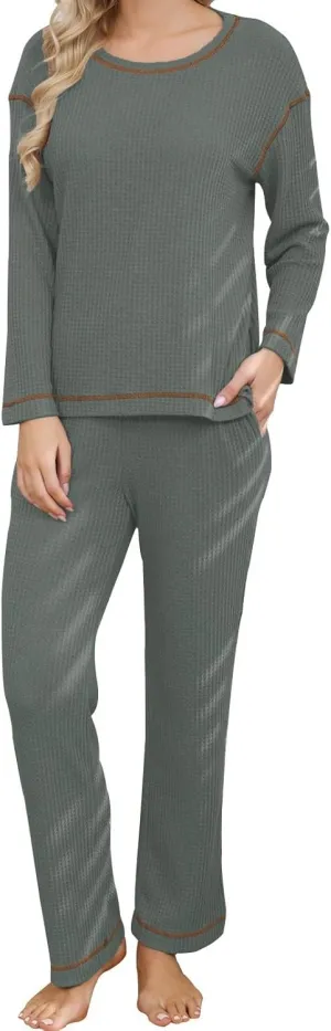 Women's Waffle Knit Pajama Sets Comfy Long Sleeve Crew Neck Top Loungewear 2 Piece Matching Pants Pj Set with Pockets