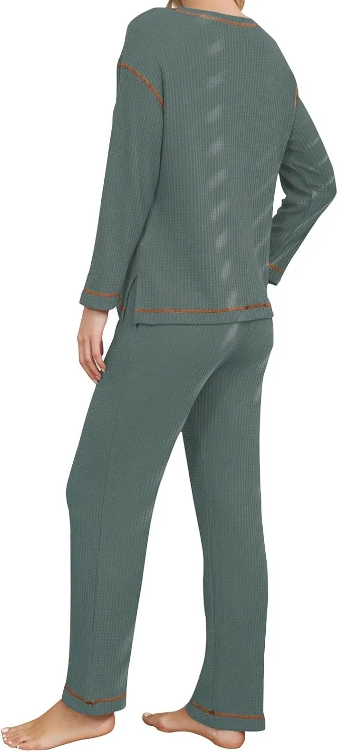 Women's Waffle Knit Pajama Sets Comfy Long Sleeve Crew Neck Top Loungewear 2 Piece Matching Pants Pj Set with Pockets