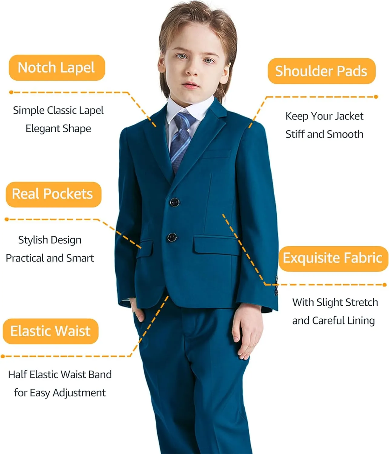 YND Boys 5 Piece Slim Fit Suit Set, Solid Formal Dresswear of Jacket Vest Pants Shirt and Tie