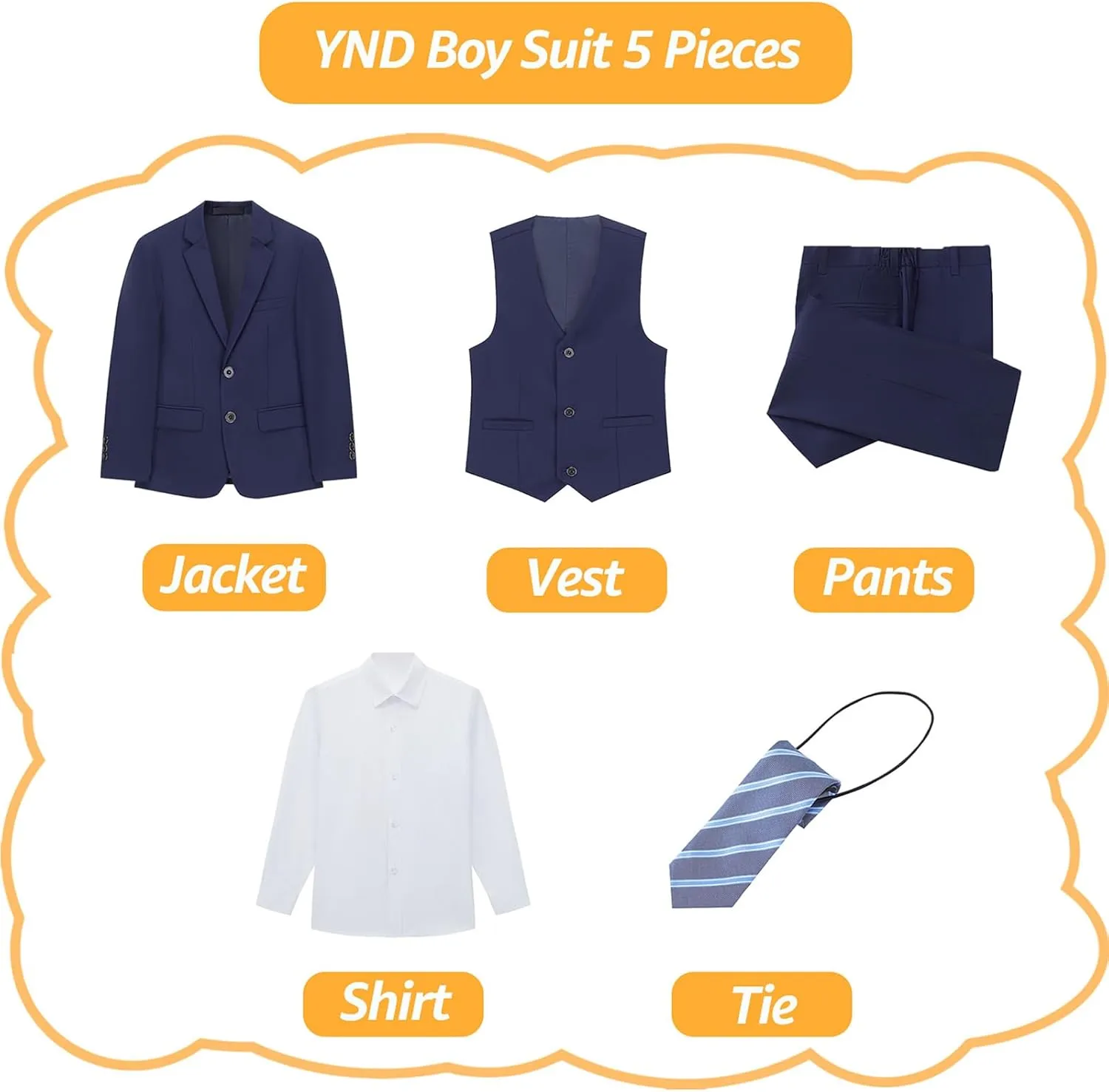 YND Boys 5 Piece Slim Fit Suit Set, Solid Formal Dresswear of Jacket Vest Pants Shirt and Tie