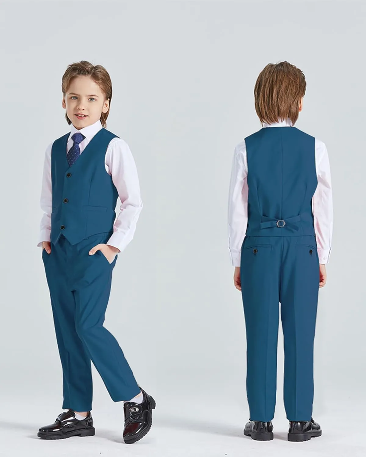 YND Boys 5 Piece Slim Fit Suit Set, Solid Formal Dresswear of Jacket Vest Pants Shirt and Tie